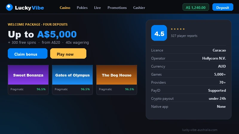 Lucky Vibe Casino Australia lobby homepage with A$ balance and pokies carousel