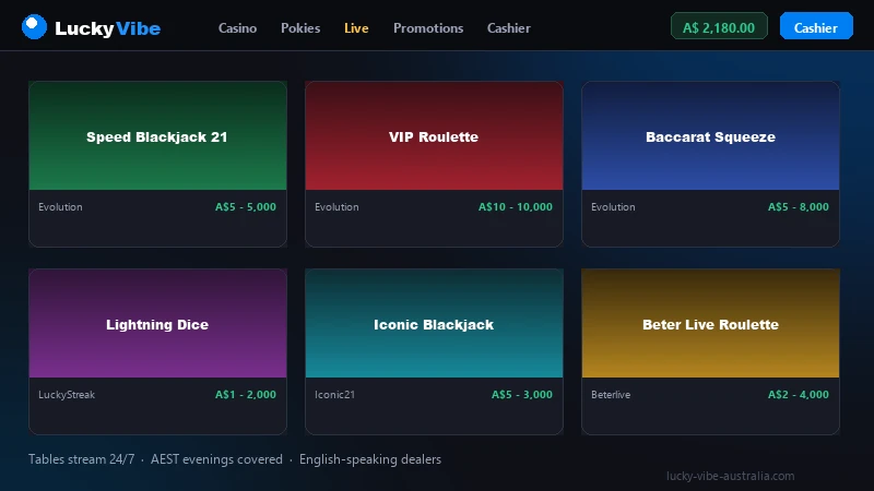 Lucky Vibe live casino lobby showing blackjack and roulette tables with dealers on stream