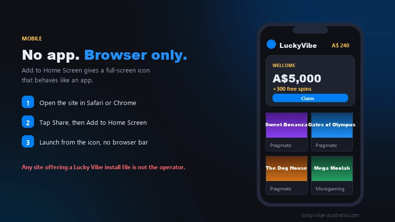 Lucky Vibe casino lobby running in a mobile browser on an Australian player's phone