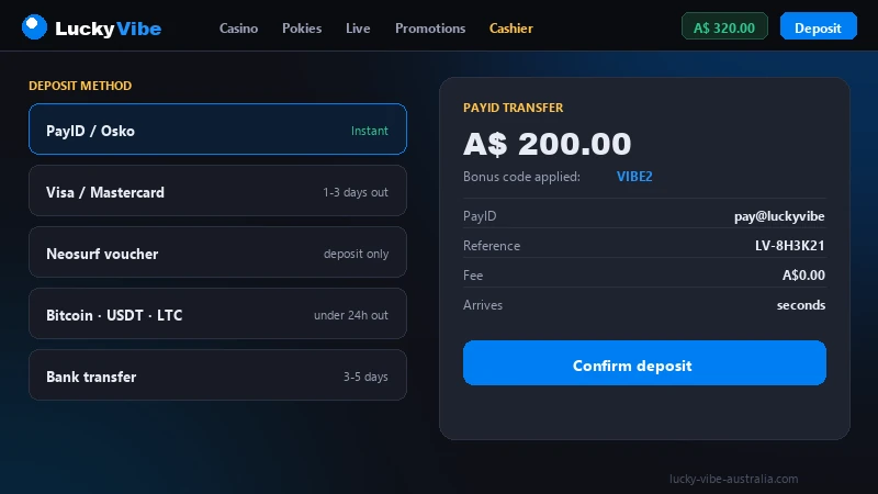 PayID deposit screen in the Lucky Vibe cashier as it appears on an Australian player's phone