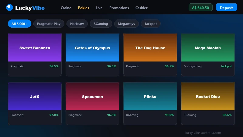Lucky Vibe pokies lobby showing Pragmatic Play and BGaming titles filtered by provider