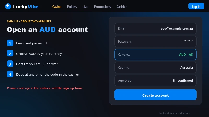 Lucky Vibe Casino sign-up form showing the email and password fields used for login