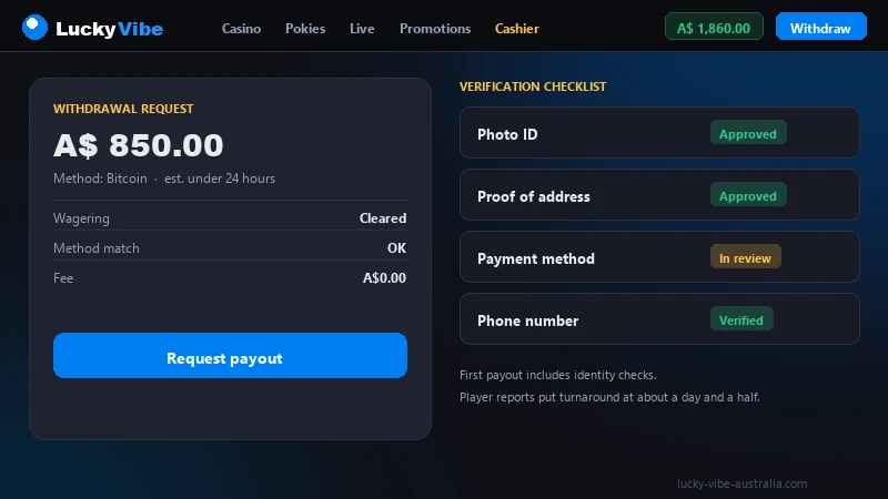 Withdrawal request screen at Lucky Vibe showing verification status and payout method selection for an Australian account